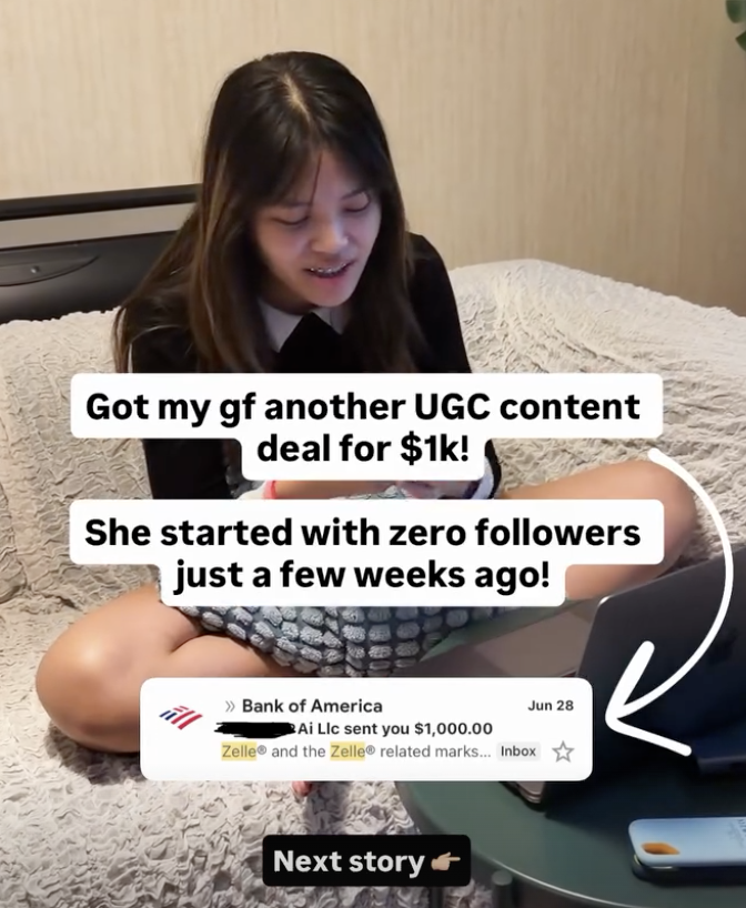 UGC result showing a one thousand dollar content deal with zero followers